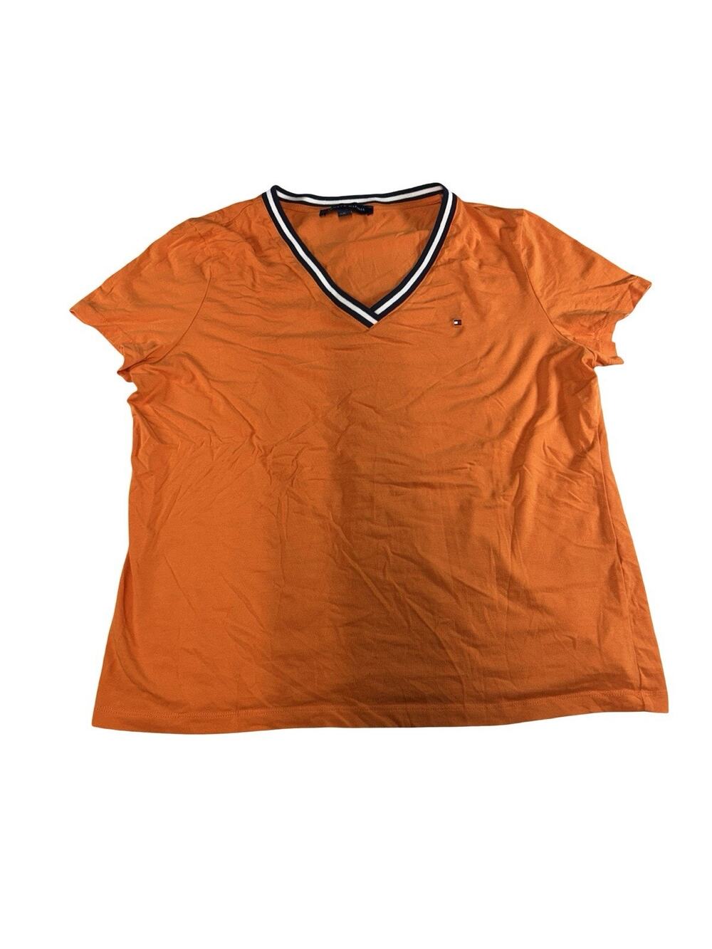 Tommy Hilfiger Women’s XL Orange V-Neck T-Shirt Striped Trim